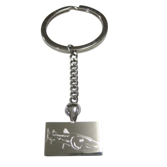 Silver Toned Rectangular Etched Barracuda Fish Pendant Keychain - Picture 1 of 2